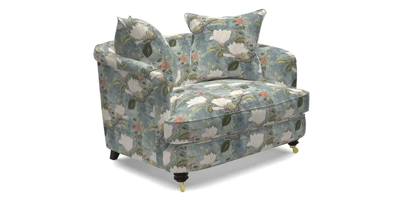 Helmsley Snuggler in V&A Threads of India Opulent Velvets Forest Creatures Hunter piping in Swiss Velvet Olive and scatter in Stockport Stripe Flame