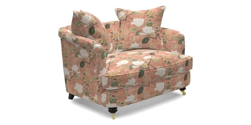 Helmsley Snuggler in V&A Threads of India Opulent Velvets Forest Creatures Hunter piping in Swiss Velvet Olive and scatter in Stockport Stripe Flame