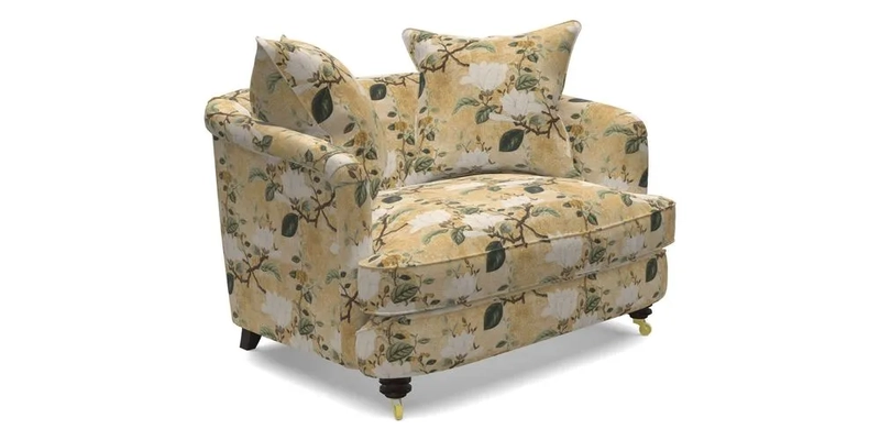 Helmsley Snuggler in V&A Threads of India Opulent Velvets Forest Creatures Hunter piping in Swiss Velvet Olive and scatter in Stockport Stripe Flame