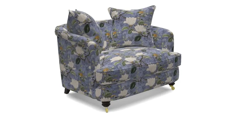 Helmsley Snuggler in V&A Threads of India Opulent Velvets Forest Creatures Hunter piping in Swiss Velvet Olive and scatter in Stockport Stripe Flame