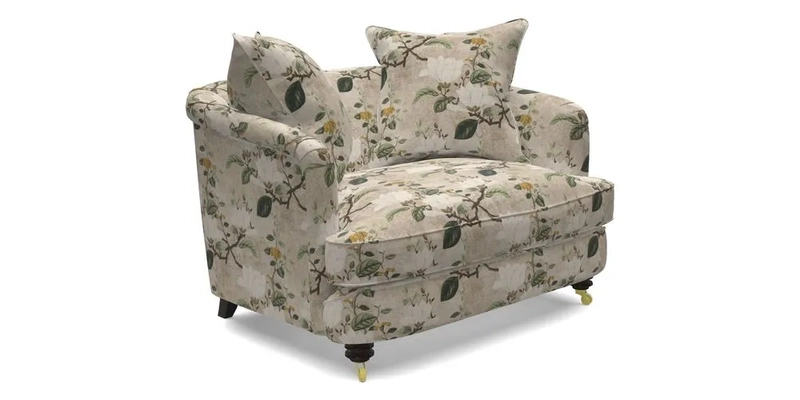 Helmsley Snuggler in V&A Threads of India Opulent Velvets Forest Creatures Hunter piping in Swiss Velvet Olive and scatter in Stockport Stripe Flame