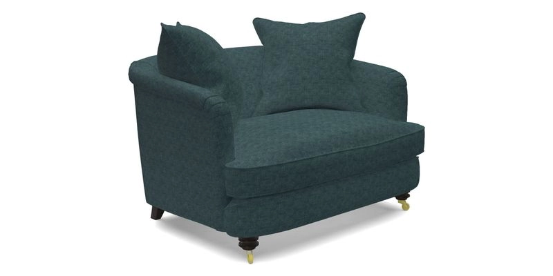 Helmsley Snuggler in V&A Threads of India Opulent Velvets Forest Creatures Hunter piping in Swiss Velvet Olive and scatter in Stockport Stripe Flame