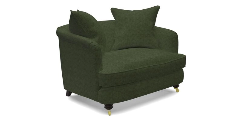 Helmsley Snuggler in V&A Threads of India Opulent Velvets Forest Creatures Hunter piping in Swiss Velvet Olive and scatter in Stockport Stripe Flame