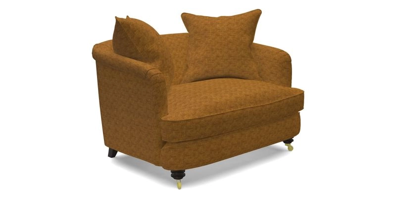 Helmsley Snuggler in V&A Threads of India Opulent Velvets Forest Creatures Hunter piping in Swiss Velvet Olive and scatter in Stockport Stripe Flame