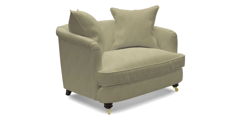 Helmsley Snuggler in V&A Threads of India Opulent Velvets Forest Creatures Hunter piping in Swiss Velvet Olive and scatter in Stockport Stripe Flame