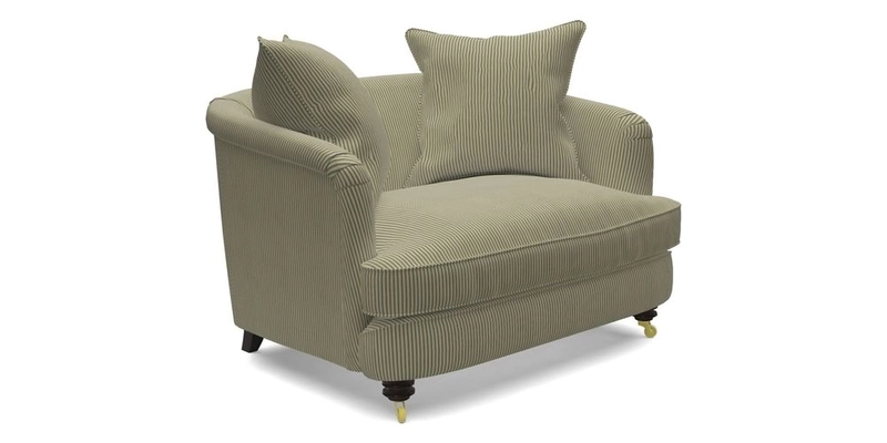 Helmsley Snuggler in V&A Threads of India Opulent Velvets Forest Creatures Hunter piping in Swiss Velvet Olive and scatter in Stockport Stripe Flame