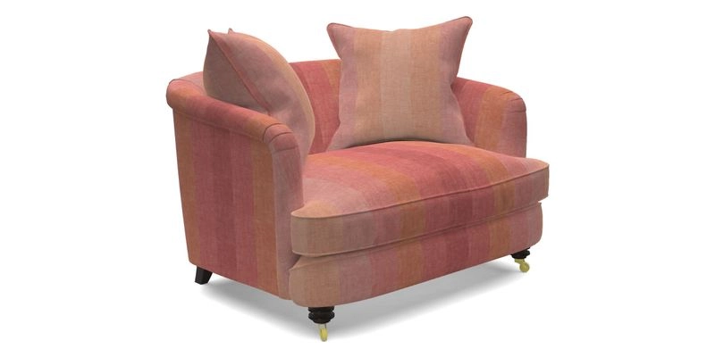 Helmsley Snuggler in V&A Threads of India Opulent Velvets Forest Creatures Hunter piping in Swiss Velvet Olive and scatter in Stockport Stripe Flame