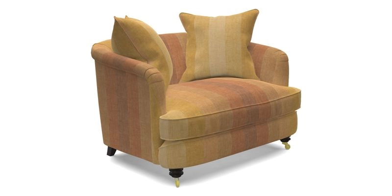 Helmsley Snuggler in V&A Threads of India Opulent Velvets Forest Creatures Hunter piping in Swiss Velvet Olive and scatter in Stockport Stripe Flame