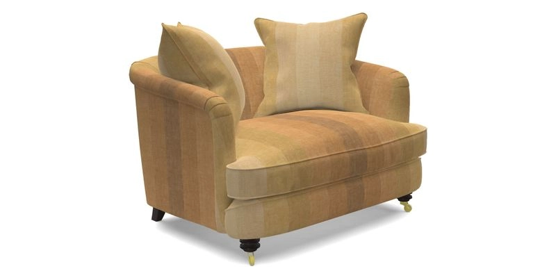 Helmsley Snuggler in V&A Threads of India Opulent Velvets Forest Creatures Hunter piping in Swiss Velvet Olive and scatter in Stockport Stripe Flame