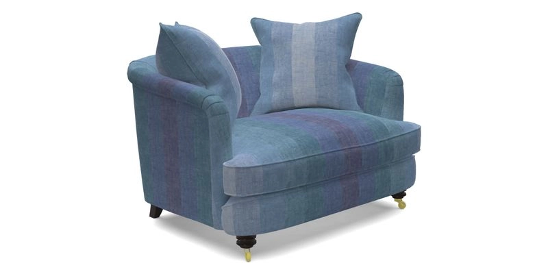 Helmsley Snuggler in V&A Threads of India Opulent Velvets Forest Creatures Hunter piping in Swiss Velvet Olive and scatter in Stockport Stripe Flame