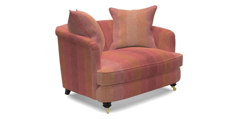 Helmsley Snuggler in V&A Threads of India Opulent Velvets Forest Creatures Hunter piping in Swiss Velvet Olive and scatter in Stockport Stripe Flame