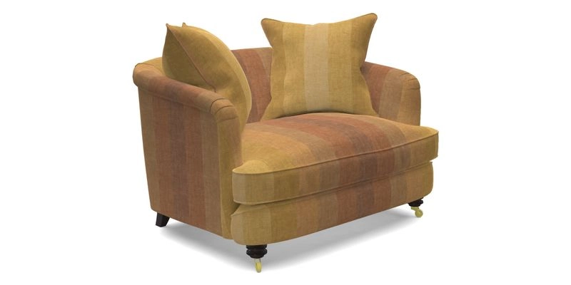 Helmsley Snuggler in V&A Threads of India Opulent Velvets Forest Creatures Hunter piping in Swiss Velvet Olive and scatter in Stockport Stripe Flame