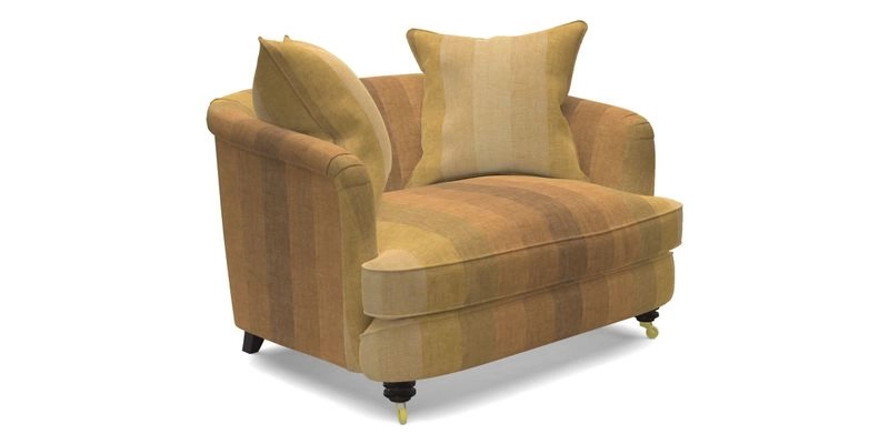 Helmsley Snuggler in V&A Threads of India Opulent Velvets Forest Creatures Hunter piping in Swiss Velvet Olive and scatter in Stockport Stripe Flame