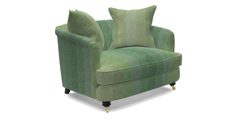 Helmsley Snuggler in V&A Threads of India Opulent Velvets Forest Creatures Hunter piping in Swiss Velvet Olive and scatter in Stockport Stripe Flame