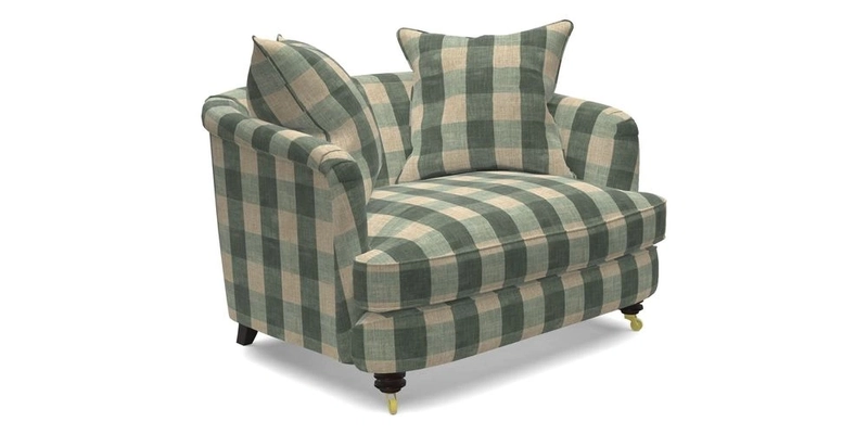 Helmsley Snuggler in V&A Threads of India Opulent Velvets Forest Creatures Hunter piping in Swiss Velvet Olive and scatter in Stockport Stripe Flame