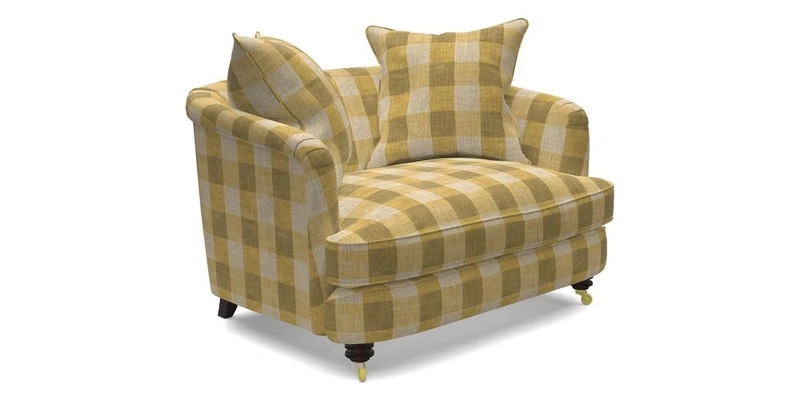 Helmsley Snuggler in V&A Threads of India Opulent Velvets Forest Creatures Hunter piping in Swiss Velvet Olive and scatter in Stockport Stripe Flame