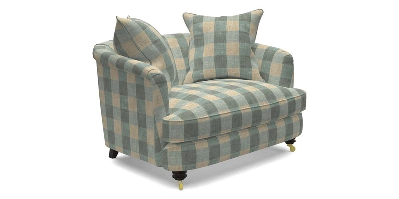 Helmsley Snuggler in V&A Threads of India Opulent Velvets Forest Creatures Hunter piping in Swiss Velvet Olive and scatter in Stockport Stripe Flame