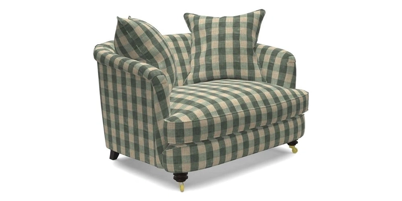 Helmsley Snuggler in V&A Threads of India Opulent Velvets Forest Creatures Hunter piping in Swiss Velvet Olive and scatter in Stockport Stripe Flame