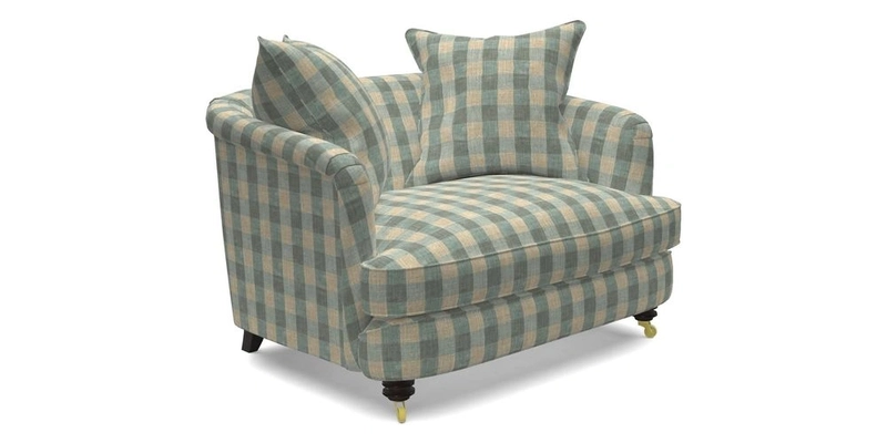 Helmsley Snuggler in V&A Threads of India Opulent Velvets Forest Creatures Hunter piping in Swiss Velvet Olive and scatter in Stockport Stripe Flame