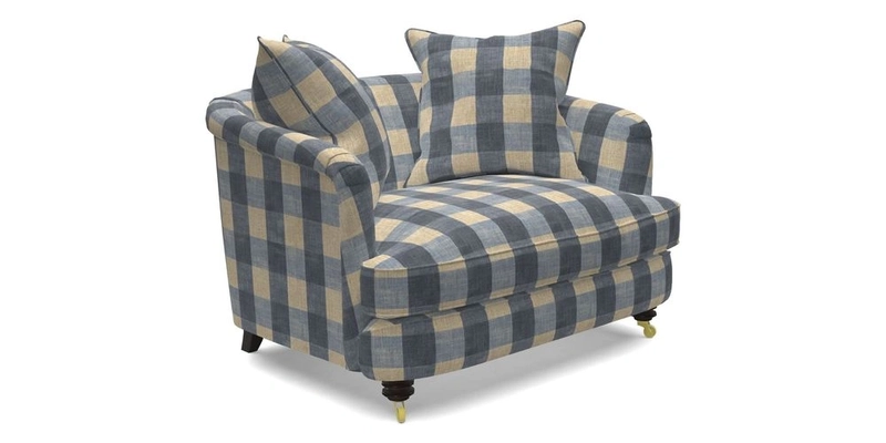 Helmsley Snuggler in V&A Threads of India Opulent Velvets Forest Creatures Hunter piping in Swiss Velvet Olive and scatter in Stockport Stripe Flame