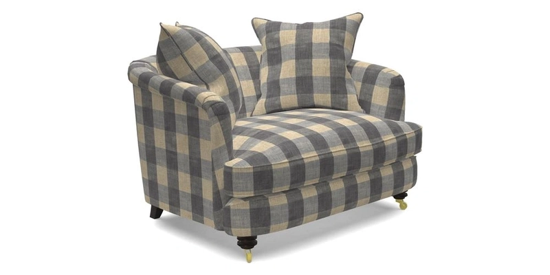 Helmsley Snuggler in V&A Threads of India Opulent Velvets Forest Creatures Hunter piping in Swiss Velvet Olive and scatter in Stockport Stripe Flame