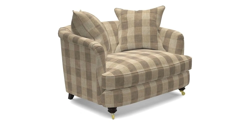 Helmsley Snuggler in V&A Threads of India Opulent Velvets Forest Creatures Hunter piping in Swiss Velvet Olive and scatter in Stockport Stripe Flame