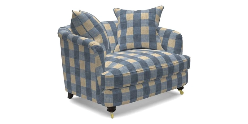 Helmsley Snuggler in V&A Threads of India Opulent Velvets Forest Creatures Hunter piping in Swiss Velvet Olive and scatter in Stockport Stripe Flame