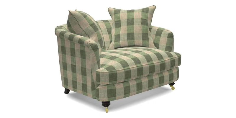 Helmsley Snuggler in V&A Threads of India Opulent Velvets Forest Creatures Hunter piping in Swiss Velvet Olive and scatter in Stockport Stripe Flame