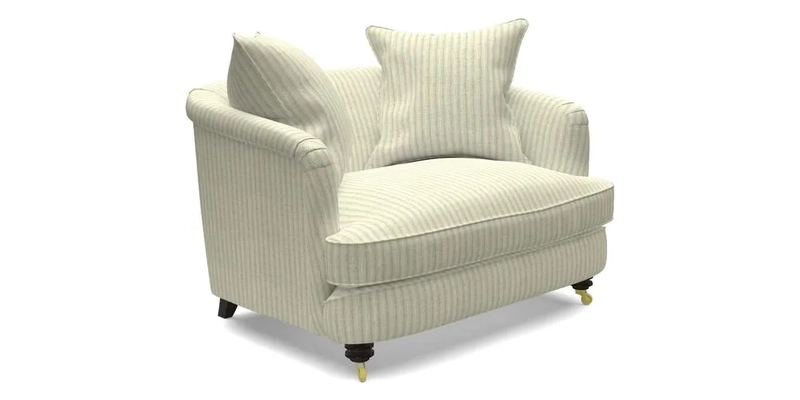 Helmsley Snuggler in V&A Threads of India Opulent Velvets Forest Creatures Hunter piping in Swiss Velvet Olive and scatter in Stockport Stripe Flame