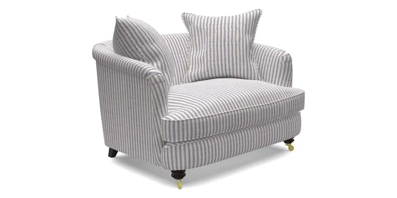 Helmsley Snuggler in V&A Threads of India Opulent Velvets Forest Creatures Hunter piping in Swiss Velvet Olive and scatter in Stockport Stripe Flame