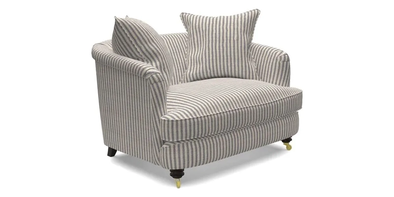 Helmsley Snuggler in V&A Threads of India Opulent Velvets Forest Creatures Hunter piping in Swiss Velvet Olive and scatter in Stockport Stripe Flame