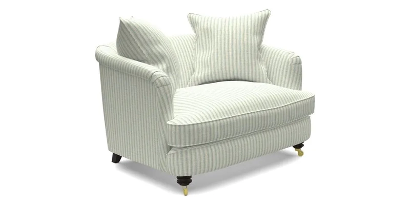 Helmsley Snuggler in V&A Threads of India Opulent Velvets Forest Creatures Hunter piping in Swiss Velvet Olive and scatter in Stockport Stripe Flame