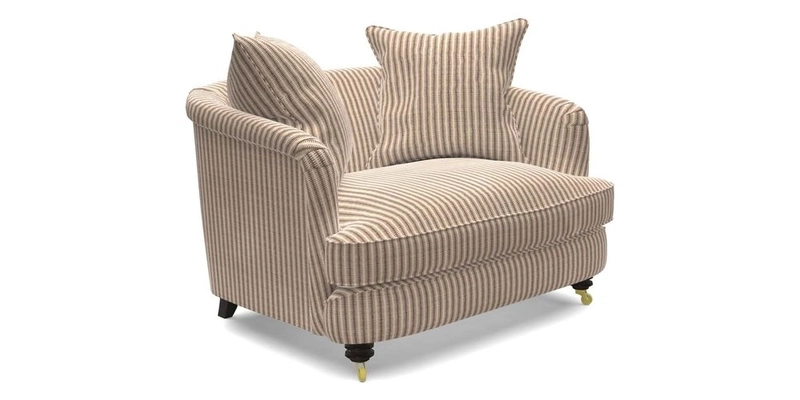 Helmsley Snuggler in V&A Threads of India Opulent Velvets Forest Creatures Hunter piping in Swiss Velvet Olive and scatter in Stockport Stripe Flame