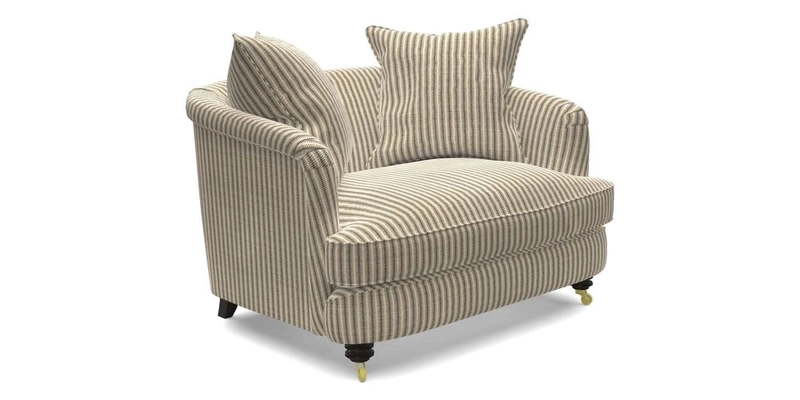 Helmsley Snuggler in V&A Threads of India Opulent Velvets Forest Creatures Hunter piping in Swiss Velvet Olive and scatter in Stockport Stripe Flame