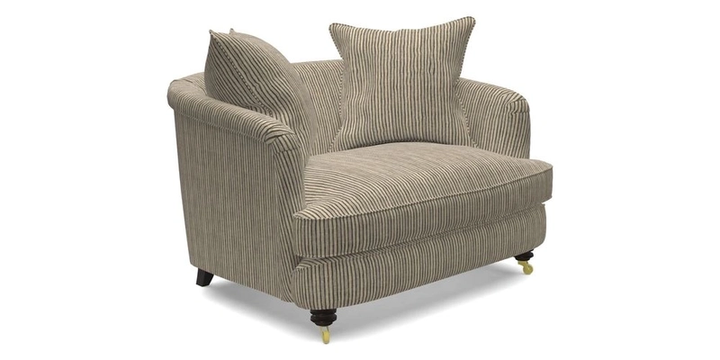 Helmsley Snuggler in V&A Threads of India Opulent Velvets Forest Creatures Hunter piping in Swiss Velvet Olive and scatter in Stockport Stripe Flame