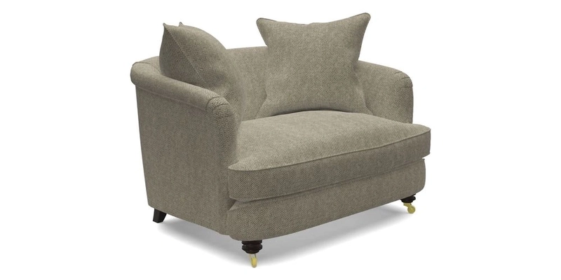 Helmsley Snuggler in V&A Threads of India Opulent Velvets Forest Creatures Hunter piping in Swiss Velvet Olive and scatter in Stockport Stripe Flame