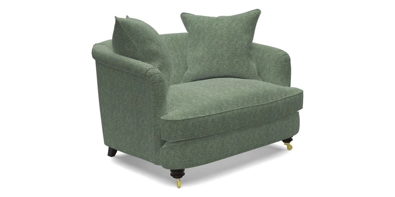 Helmsley Snuggler in V&A Threads of India Opulent Velvets Forest Creatures Hunter piping in Swiss Velvet Olive and scatter in Stockport Stripe Flame