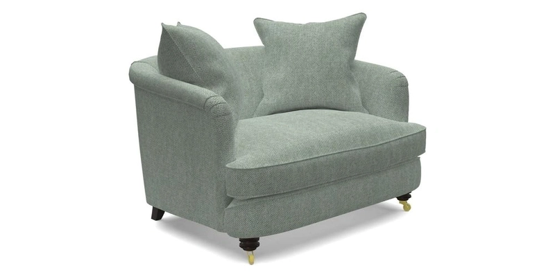 Helmsley Snuggler in V&A Threads of India Opulent Velvets Forest Creatures Hunter piping in Swiss Velvet Olive and scatter in Stockport Stripe Flame