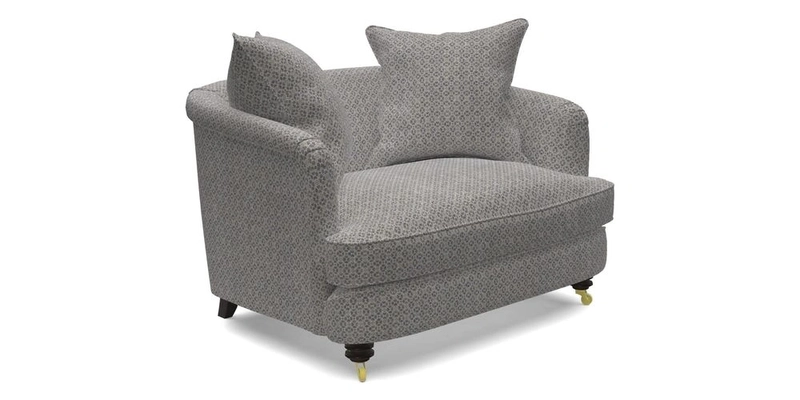 Helmsley Snuggler in V&A Threads of India Opulent Velvets Forest Creatures Hunter piping in Swiss Velvet Olive and scatter in Stockport Stripe Flame