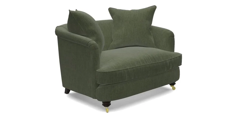 Helmsley Snuggler in V&A Threads of India Opulent Velvets Forest Creatures Hunter piping in Swiss Velvet Olive and scatter in Stockport Stripe Flame