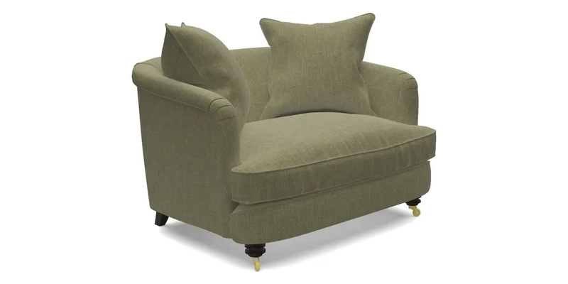 Helmsley Snuggler in V&A Threads of India Opulent Velvets Forest Creatures Hunter piping in Swiss Velvet Olive and scatter in Stockport Stripe Flame