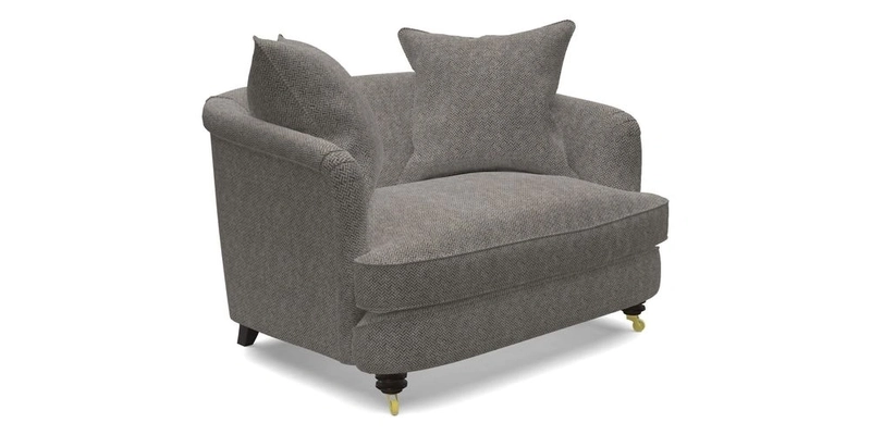 Helmsley Snuggler in V&A Threads of India Opulent Velvets Forest Creatures Hunter piping in Swiss Velvet Olive and scatter in Stockport Stripe Flame