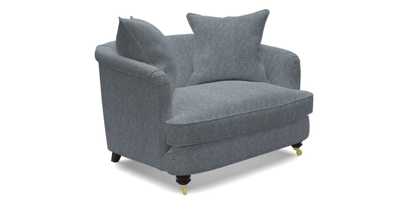 Helmsley Snuggler in V&A Threads of India Opulent Velvets Forest Creatures Hunter piping in Swiss Velvet Olive and scatter in Stockport Stripe Flame