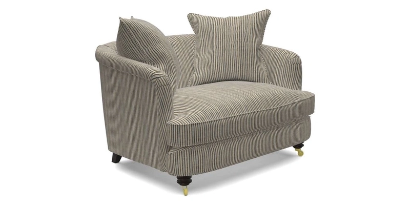 Helmsley Snuggler in V&A Threads of India Opulent Velvets Forest Creatures Hunter piping in Swiss Velvet Olive and scatter in Stockport Stripe Flame