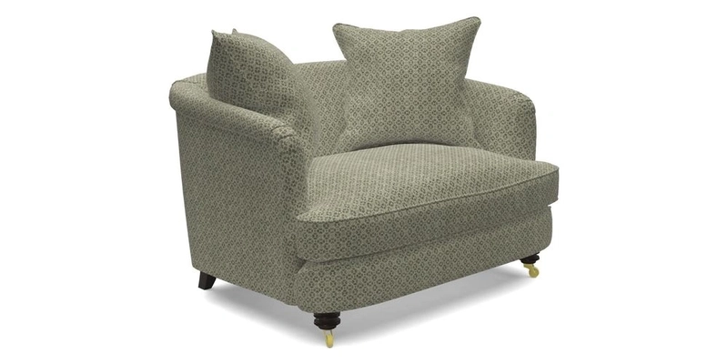 Helmsley Snuggler in V&A Threads of India Opulent Velvets Forest Creatures Hunter piping in Swiss Velvet Olive and scatter in Stockport Stripe Flame