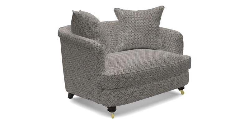 Helmsley Snuggler in V&A Threads of India Opulent Velvets Forest Creatures Hunter piping in Swiss Velvet Olive and scatter in Stockport Stripe Flame