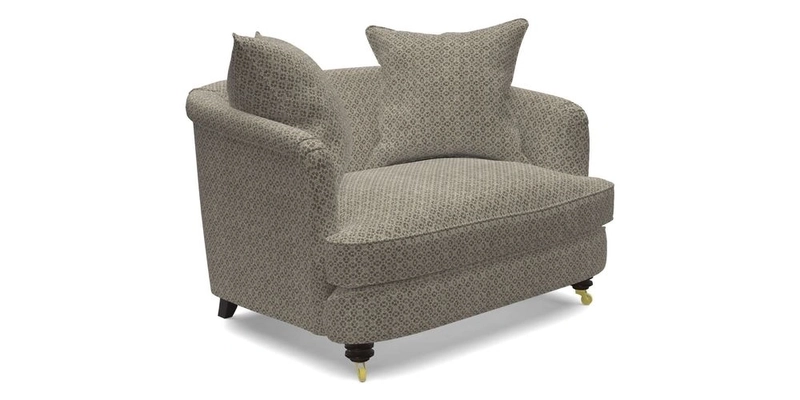 Helmsley Snuggler in V&A Threads of India Opulent Velvets Forest Creatures Hunter piping in Swiss Velvet Olive and scatter in Stockport Stripe Flame