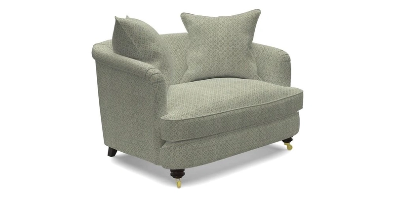 Helmsley Snuggler in V&A Threads of India Opulent Velvets Forest Creatures Hunter piping in Swiss Velvet Olive and scatter in Stockport Stripe Flame