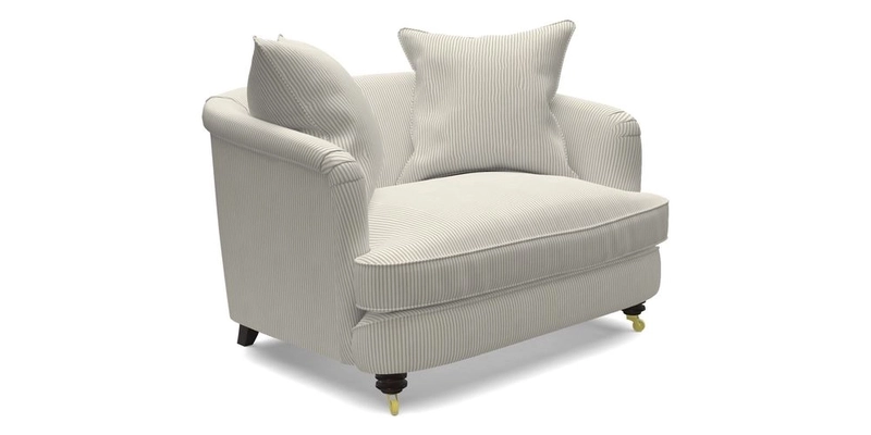 Helmsley Snuggler in V&A Threads of India Opulent Velvets Forest Creatures Hunter piping in Swiss Velvet Olive and scatter in Stockport Stripe Flame