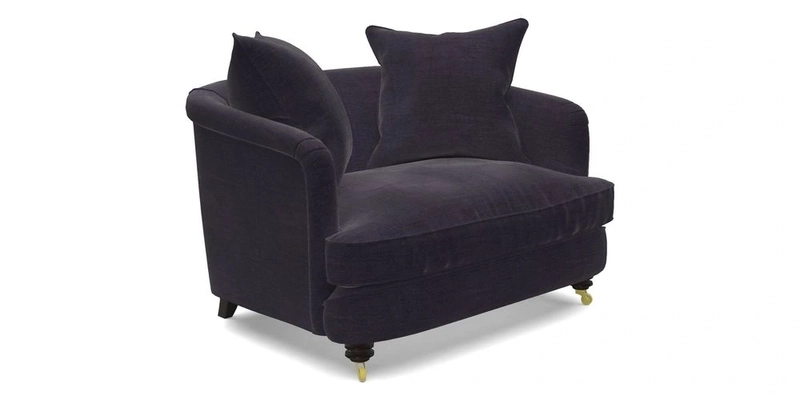 Helmsley Snuggler in V&A Threads of India Opulent Velvets Forest Creatures Hunter piping in Swiss Velvet Olive and scatter in Stockport Stripe Flame